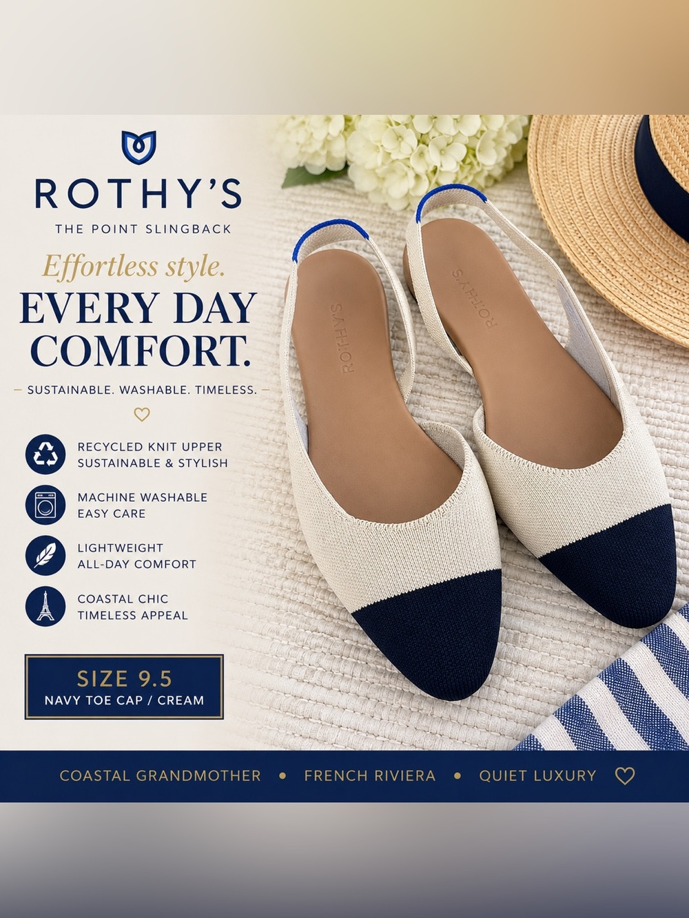 Rothy’s The Point Slingback Flats Navy Toe Cap Cream Knit Size 9.5
